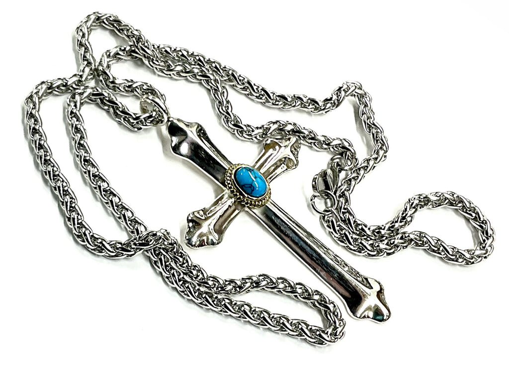 Solid Exquisite Sterling Silver & Turquoise Western Style Cross With Heavy Chain