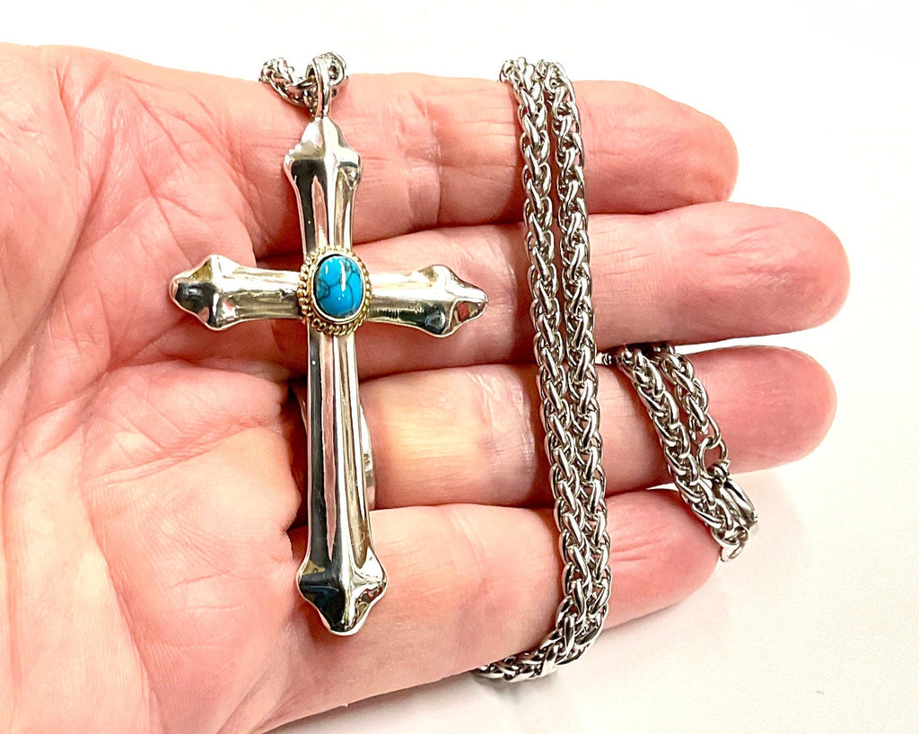 Solid Exquisite Sterling Silver & Turquoise Western Style Cross With Heavy Chain