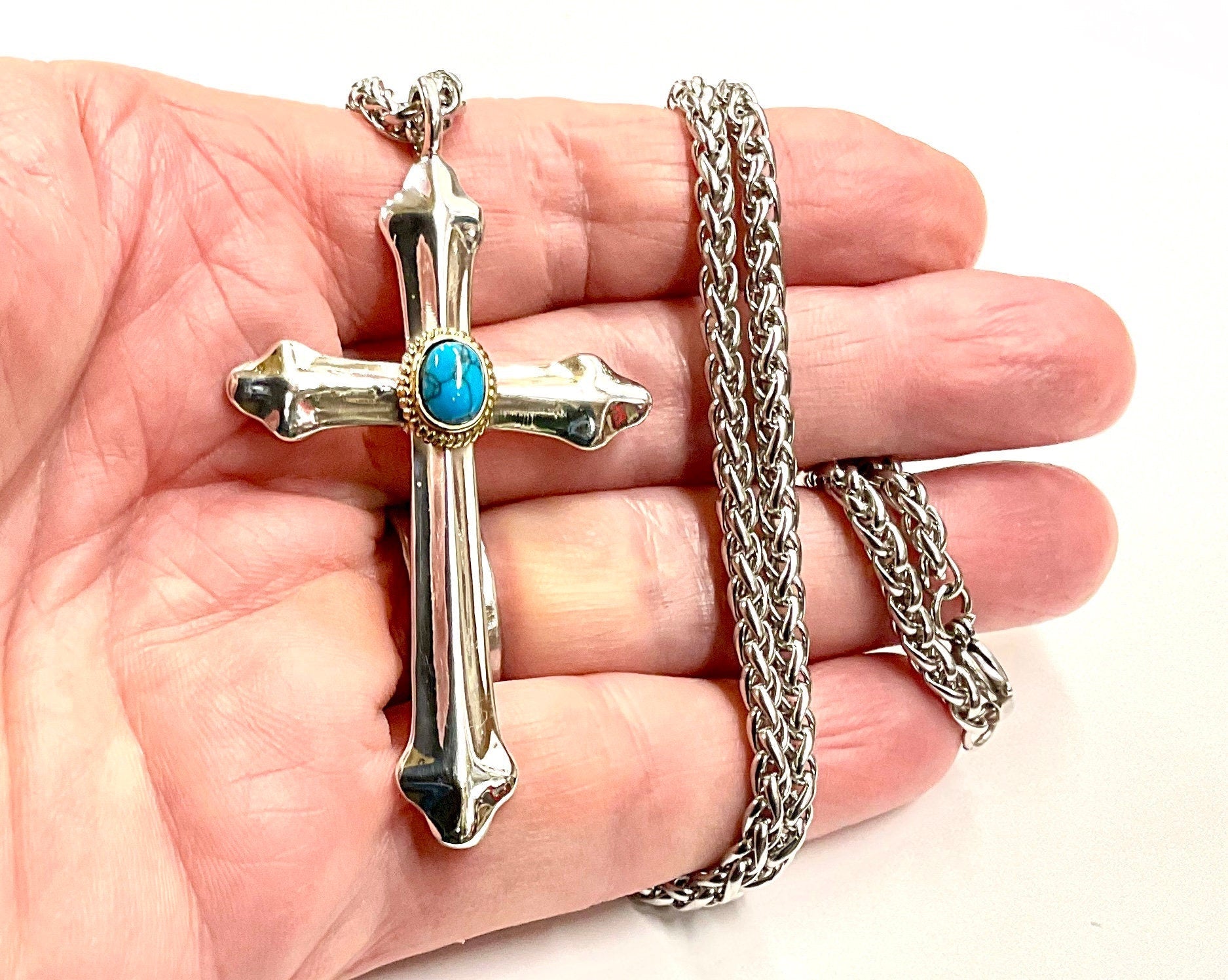 Solid Exquisite Sterling Silver & Turquoise Western Style Cross With Heavy Chain