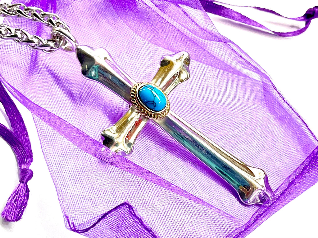 Solid Exquisite Sterling Silver & Turquoise Western Style Cross With Heavy Chain