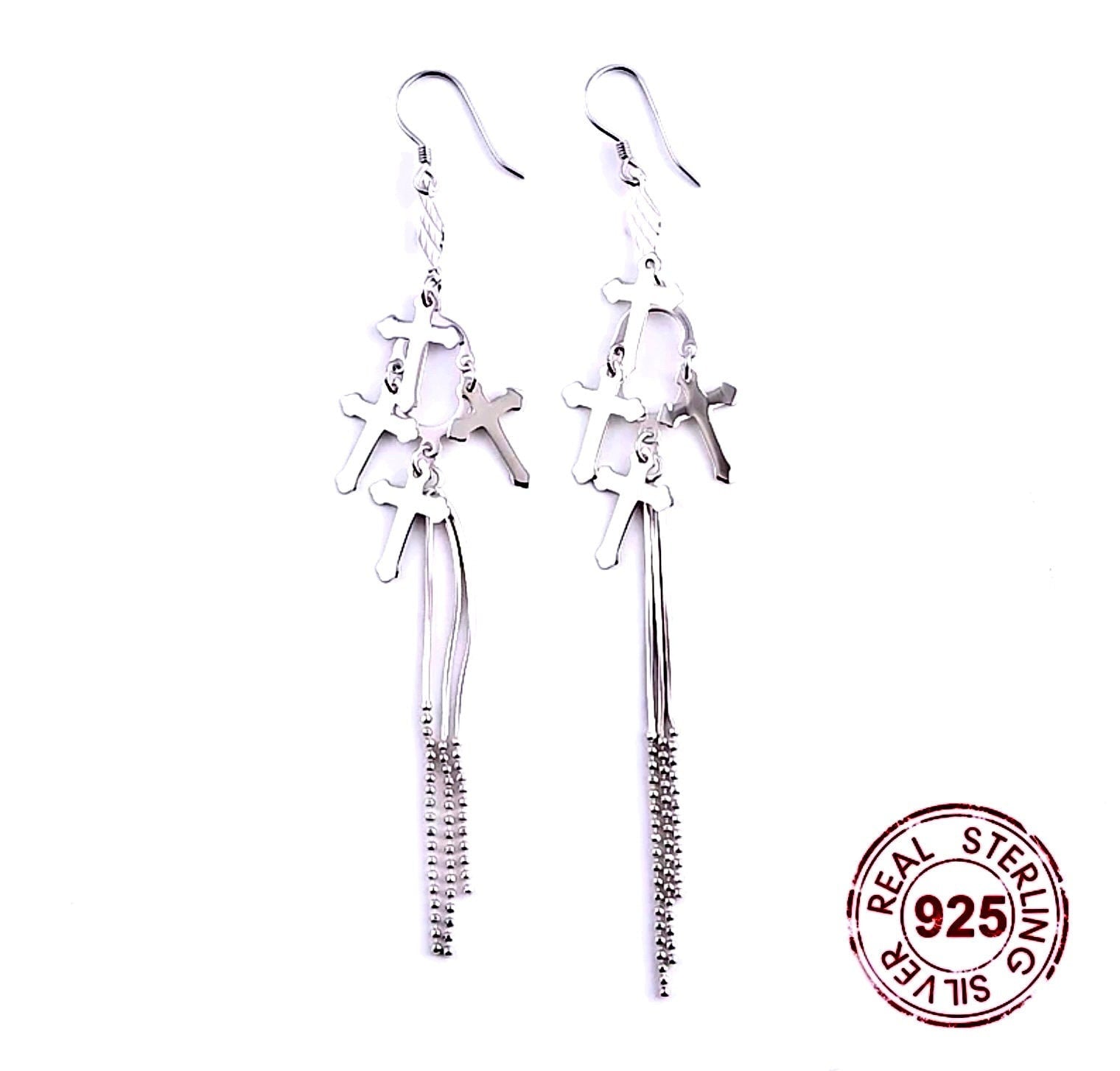 Boho Style Solid Sterling Silver 3 Strand Cross Tassel Earrings