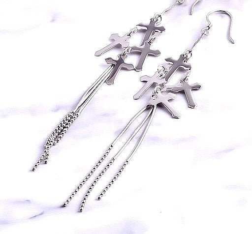 Boho Style Solid Sterling Silver 3 Strand Cross Tassel Earrings