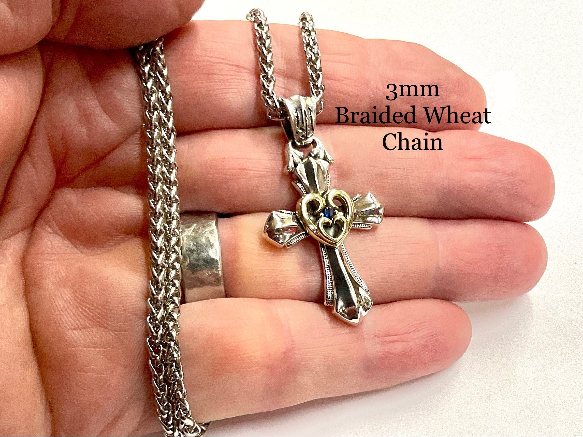 Beautiful Sterling Silver Open Heart Love Cross with Gold Heart and Blue Zircon