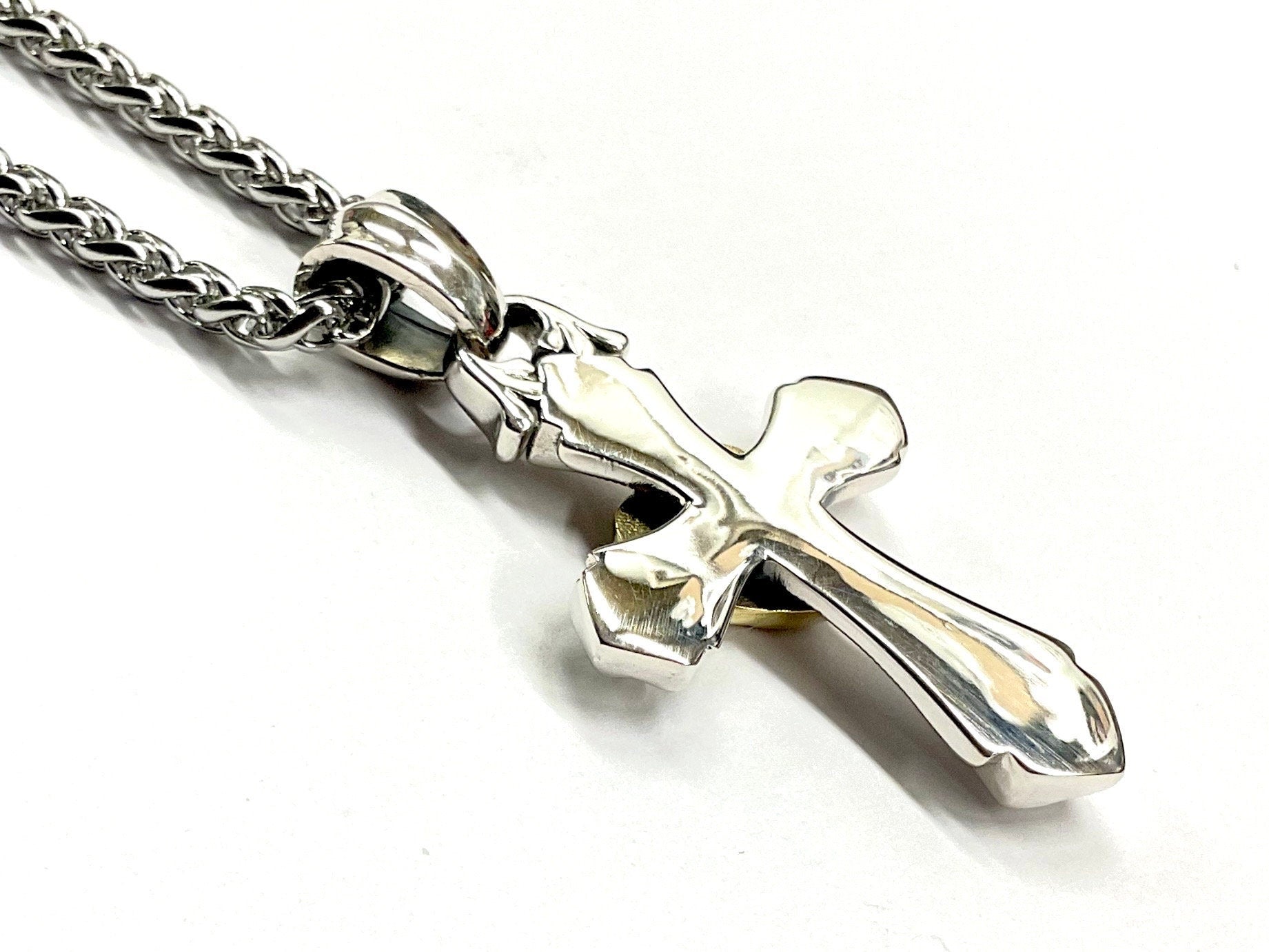 Beautiful Sterling Silver Open Heart Love Cross with Gold Heart and Blue Zircon