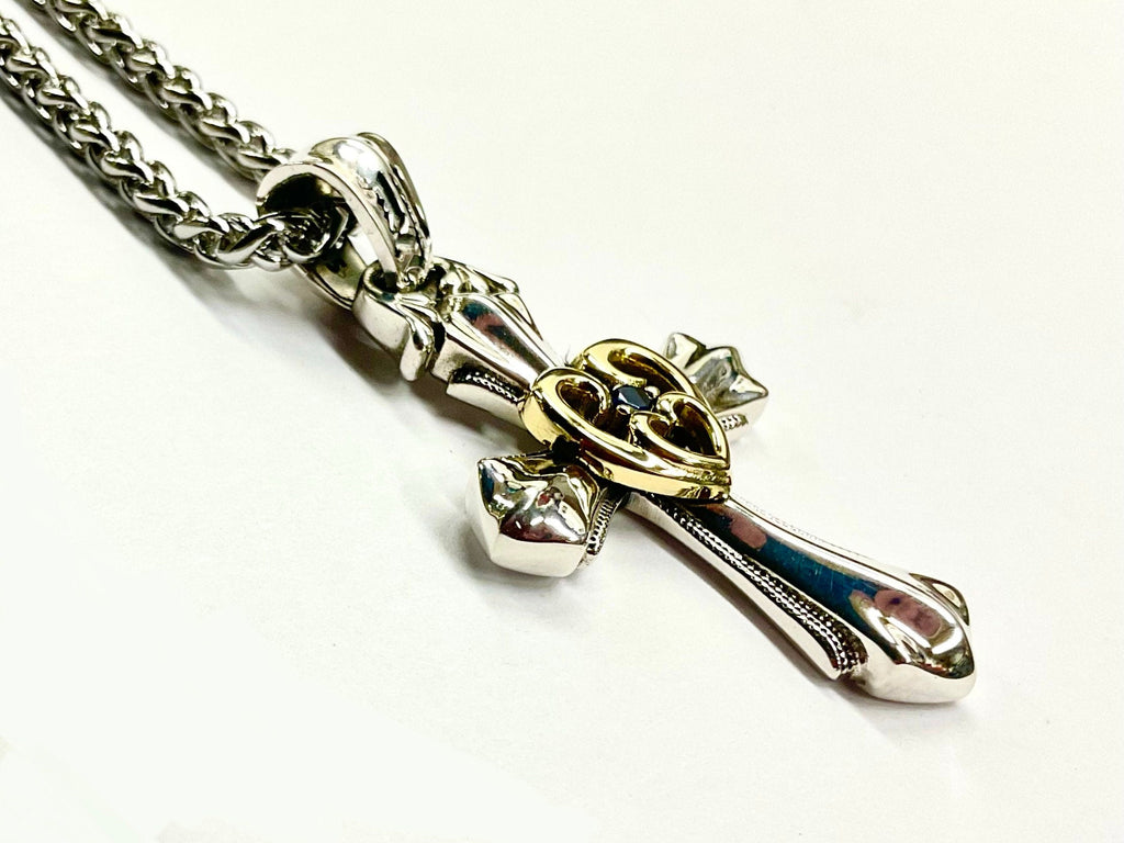 Beautiful Sterling Silver Open Heart Love Cross with Gold Heart and Blue Zircon