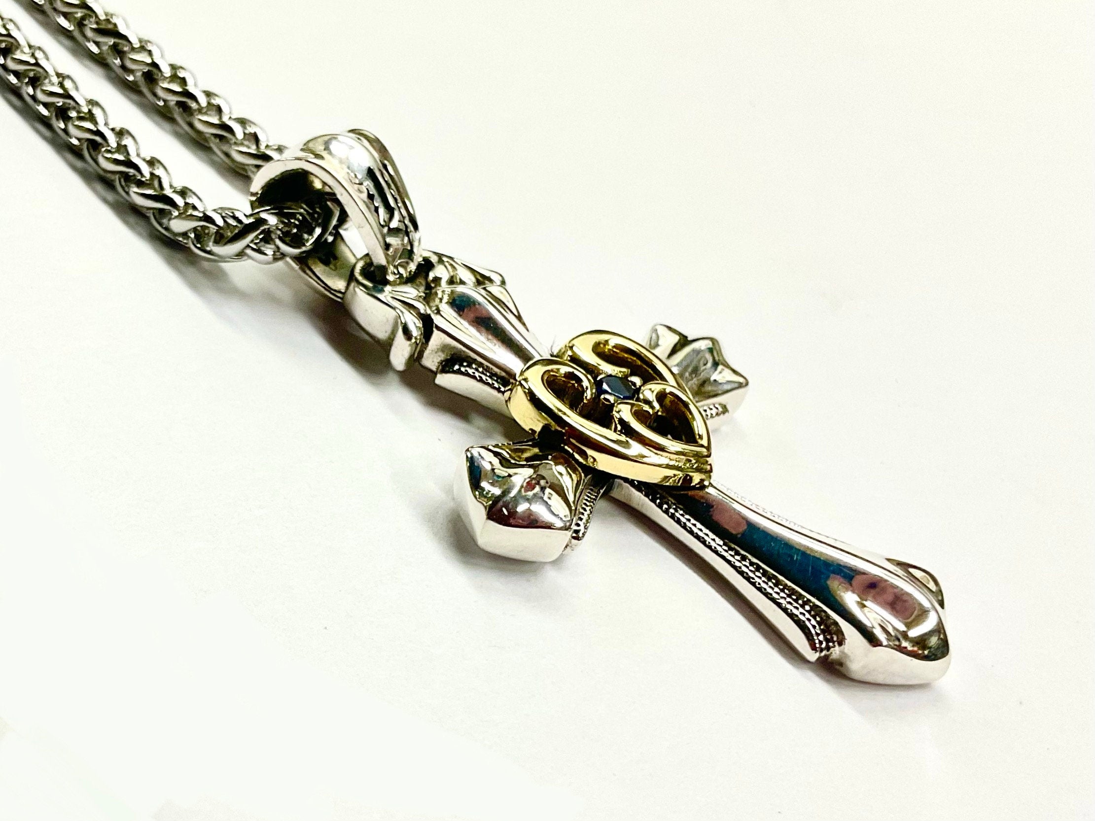 Beautiful Sterling Silver Open Heart Love Cross with Gold Heart and Blue Zircon