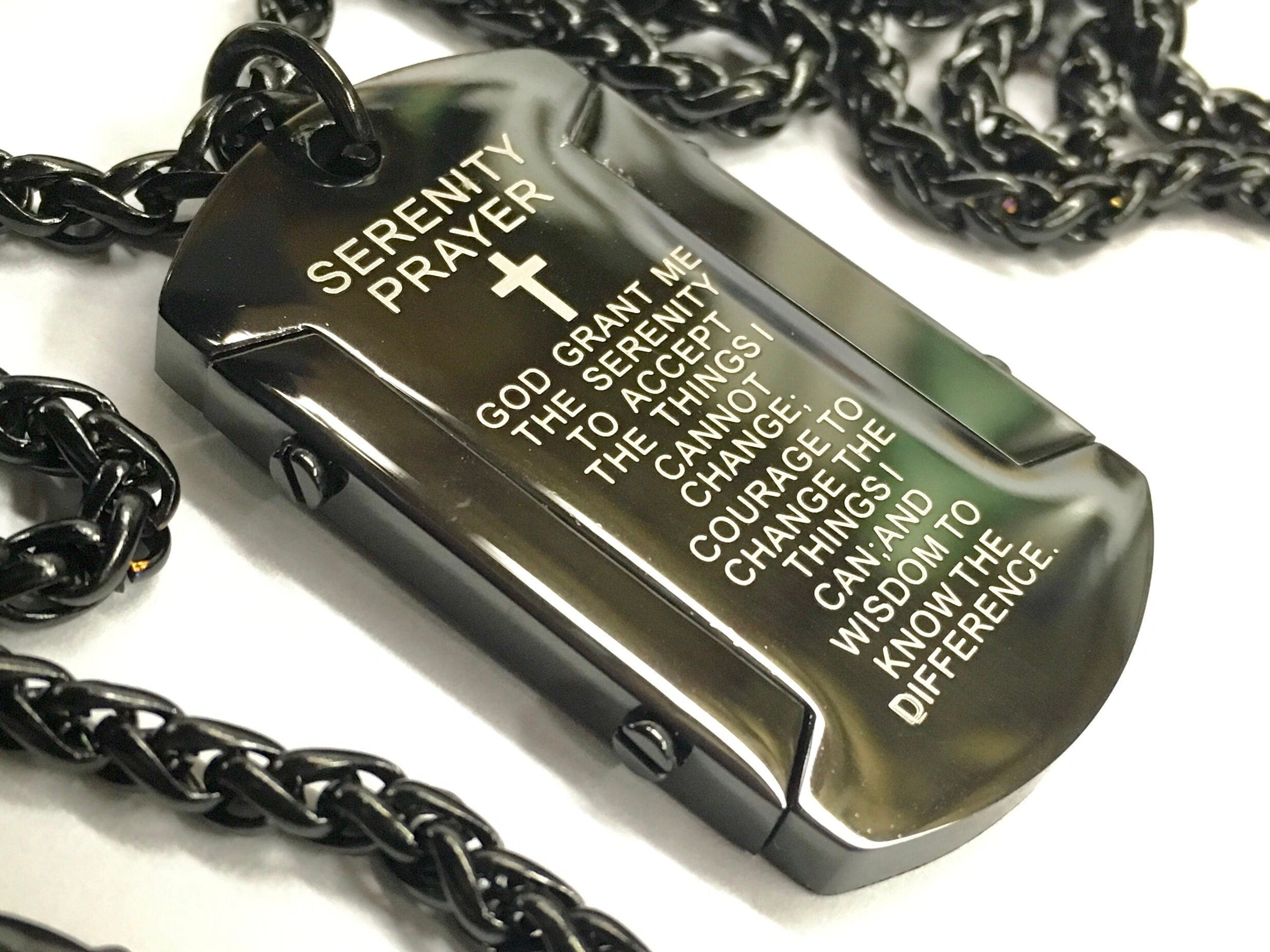 Serenity Prayer Thick Dog Tag Waterproof Necklace in Silver, Black, or Gold