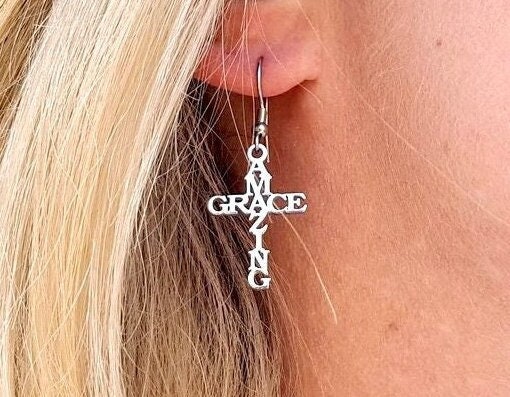Silver Amazing Grace Cross Necklace & Earrings Set  Waterproof Hypoallergenic Stainless Steel