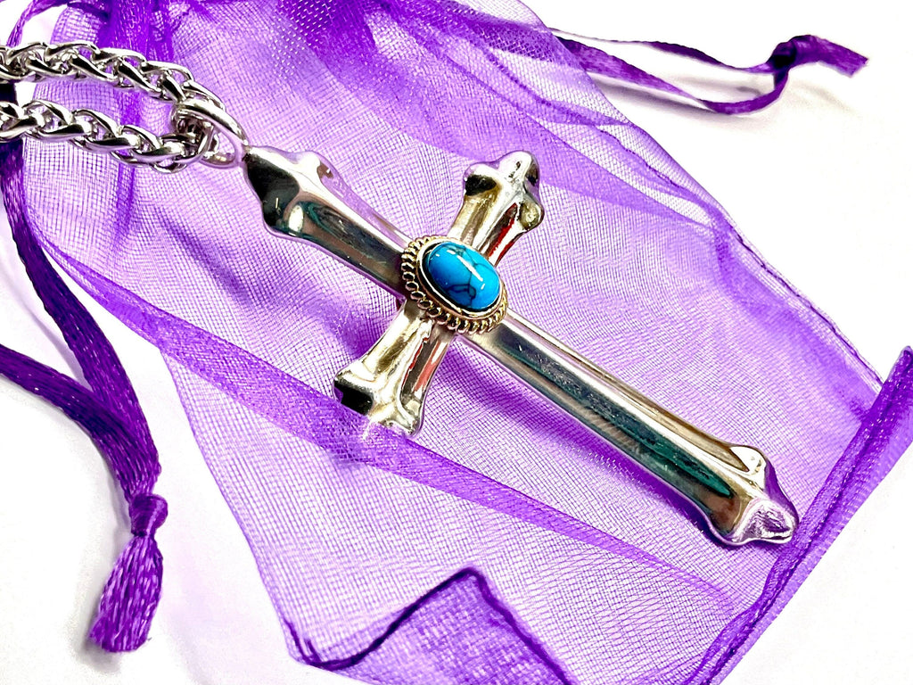 Solid Exquisite Sterling Silver & Turquoise Western Style Cross With Heavy Chain