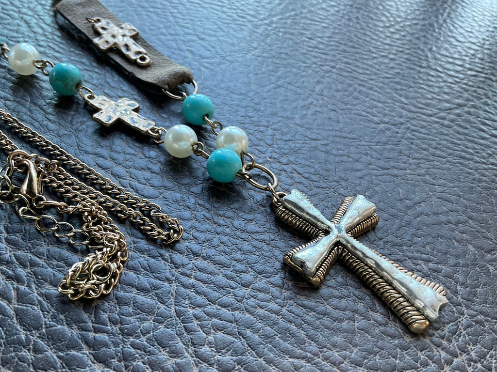 Handmade White and Blue Boho Cross Hammered Finish Multi Color Bohemian Bead Necklace