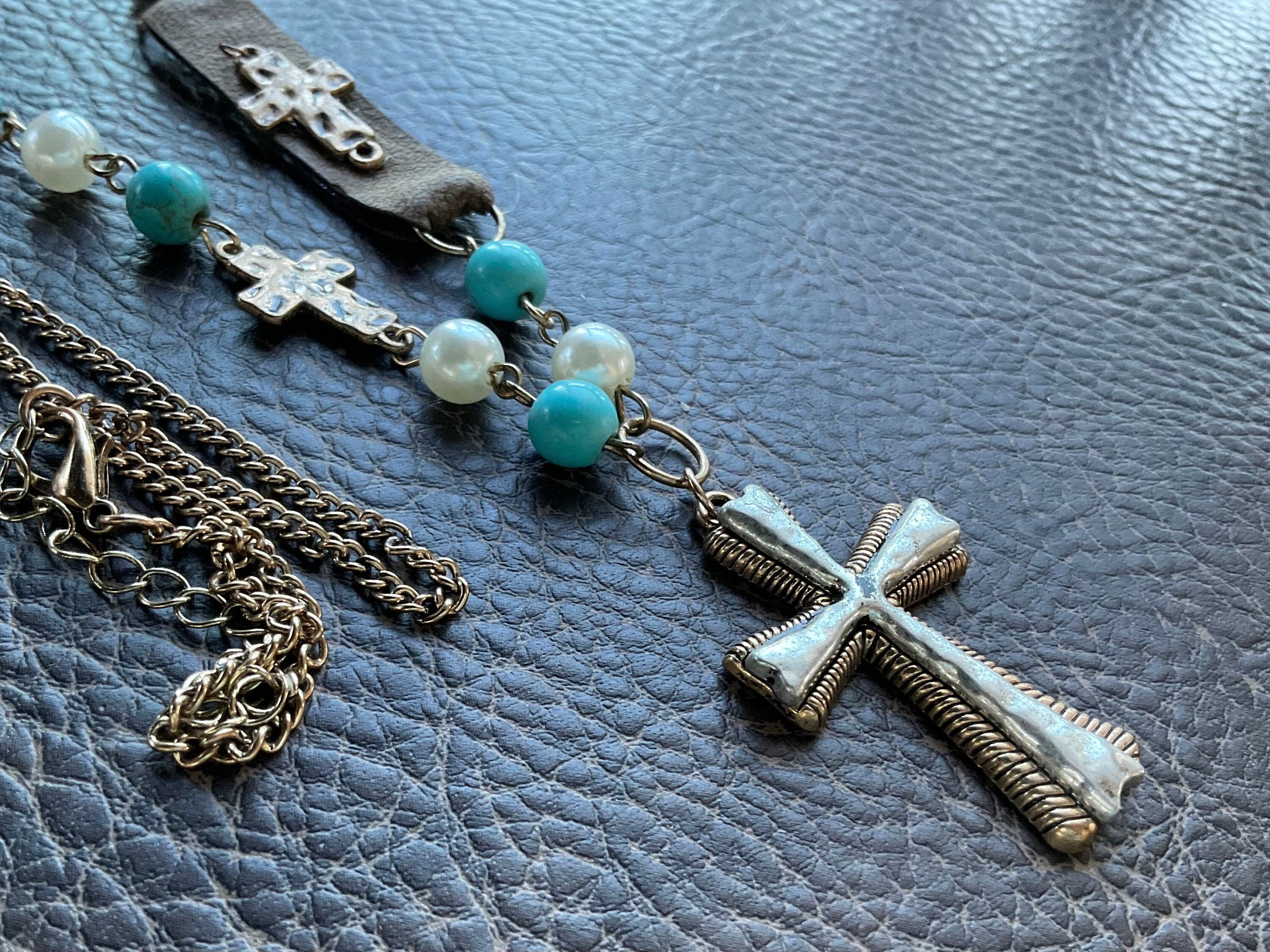 Handmade White and Blue Boho Cross Hammered Finish Multi Color Bohemian Bead Necklace