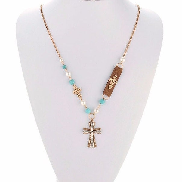 Handmade White and Blue Boho Cross Hammered Finish Multi Color Bohemian Bead Necklace