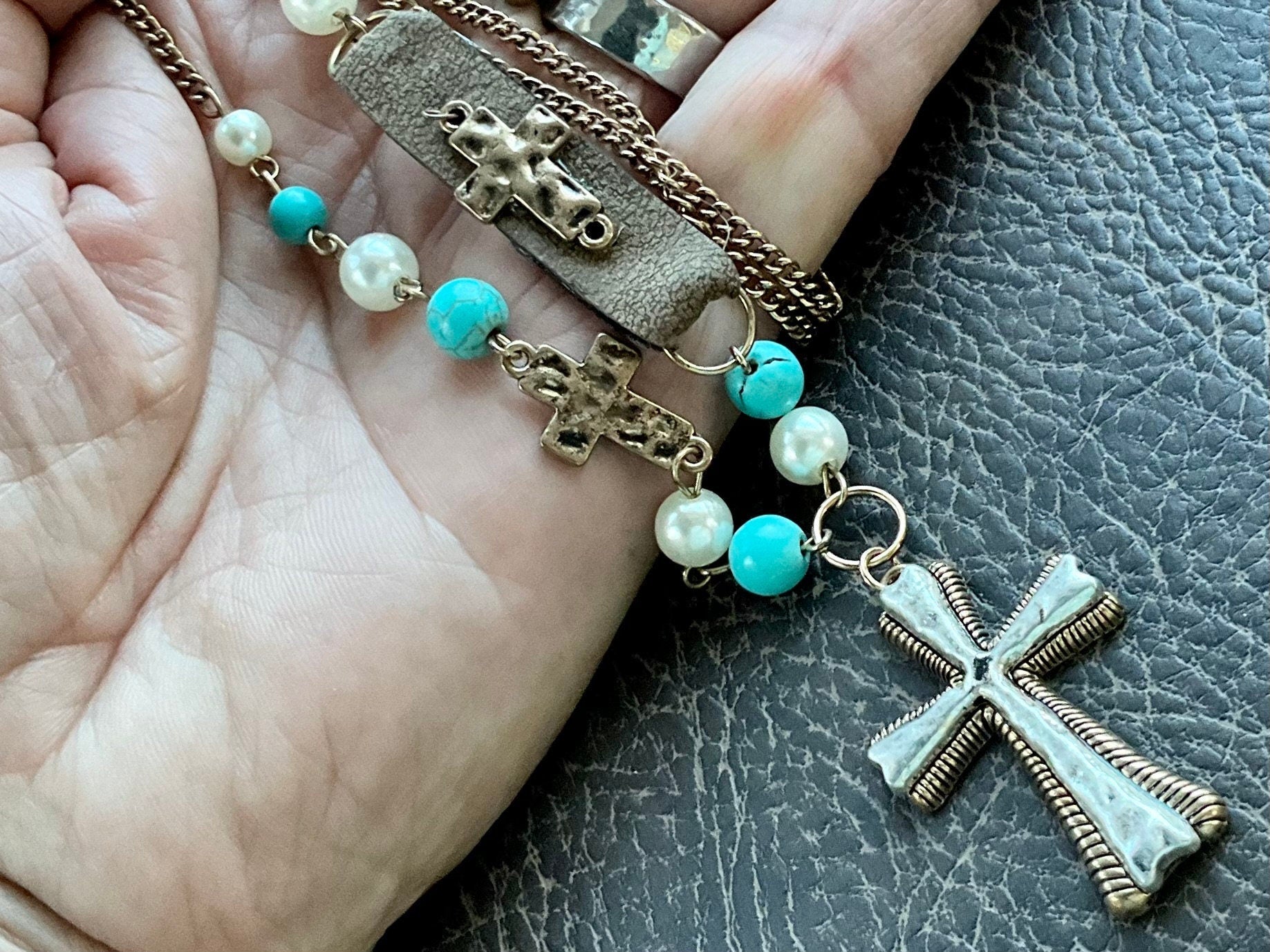Handmade White and Blue Boho Cross Hammered Finish Multi Color Bohemian Bead Necklace