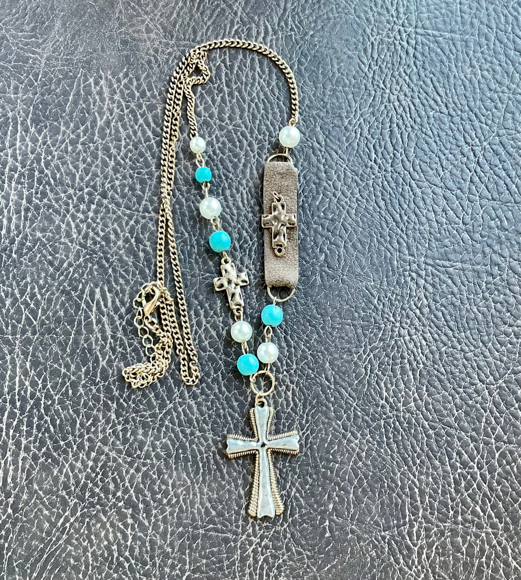 Handmade White and Blue Boho Cross Hammered Finish Multi Color Bohemian Bead Necklace