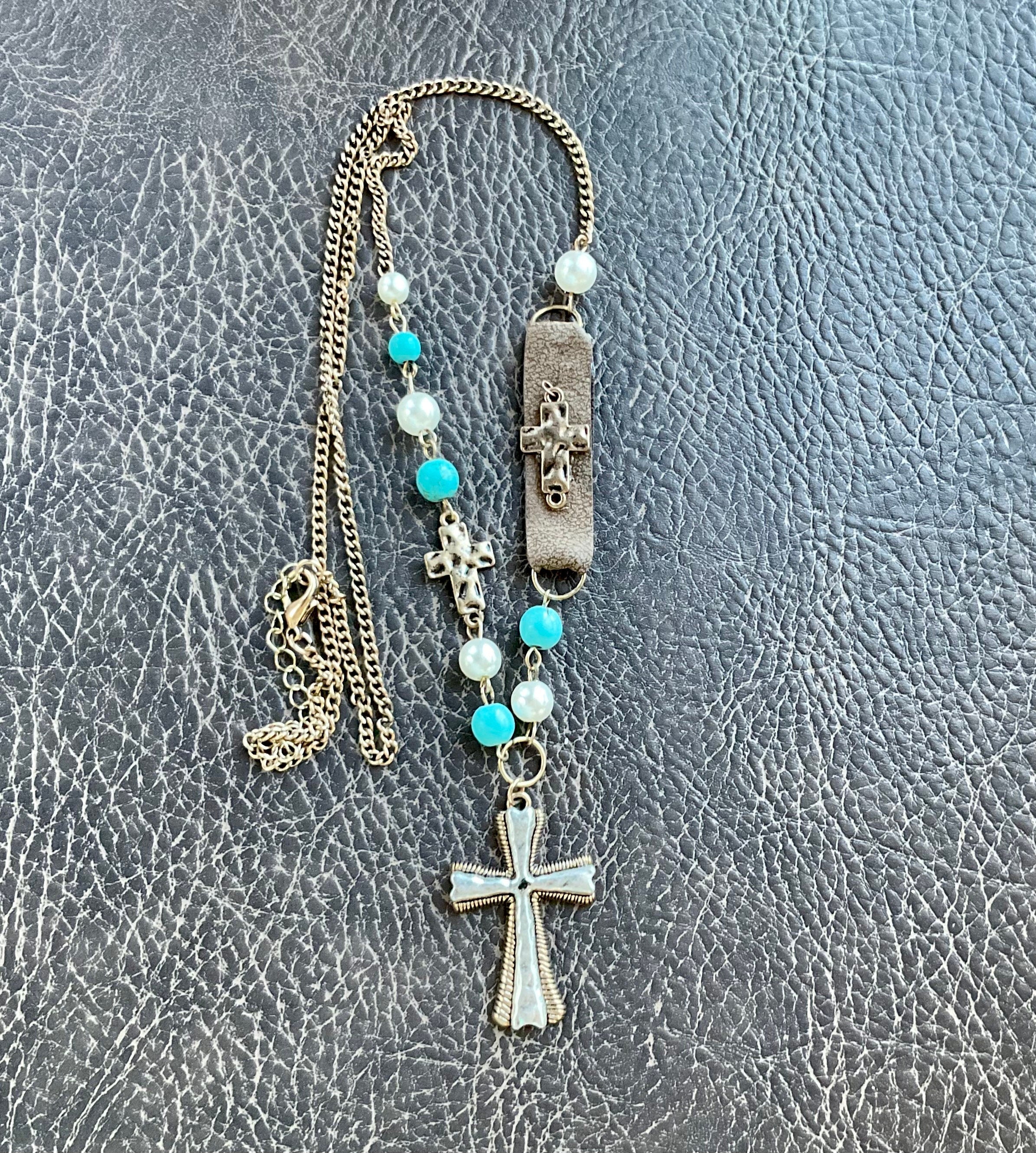Handmade White and Blue Boho Cross Hammered Finish Multi Color Bohemian Bead Necklace