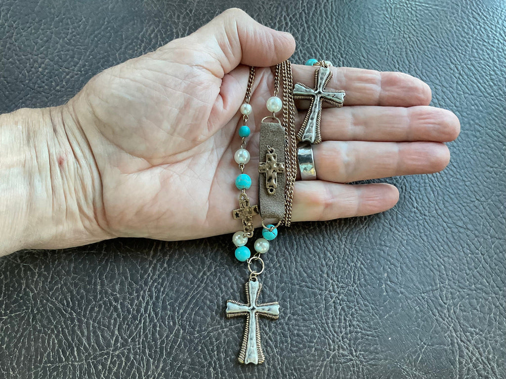 Handmade White and Blue Boho Cross Hammered Finish Multi Color Bohemian Bead Necklace