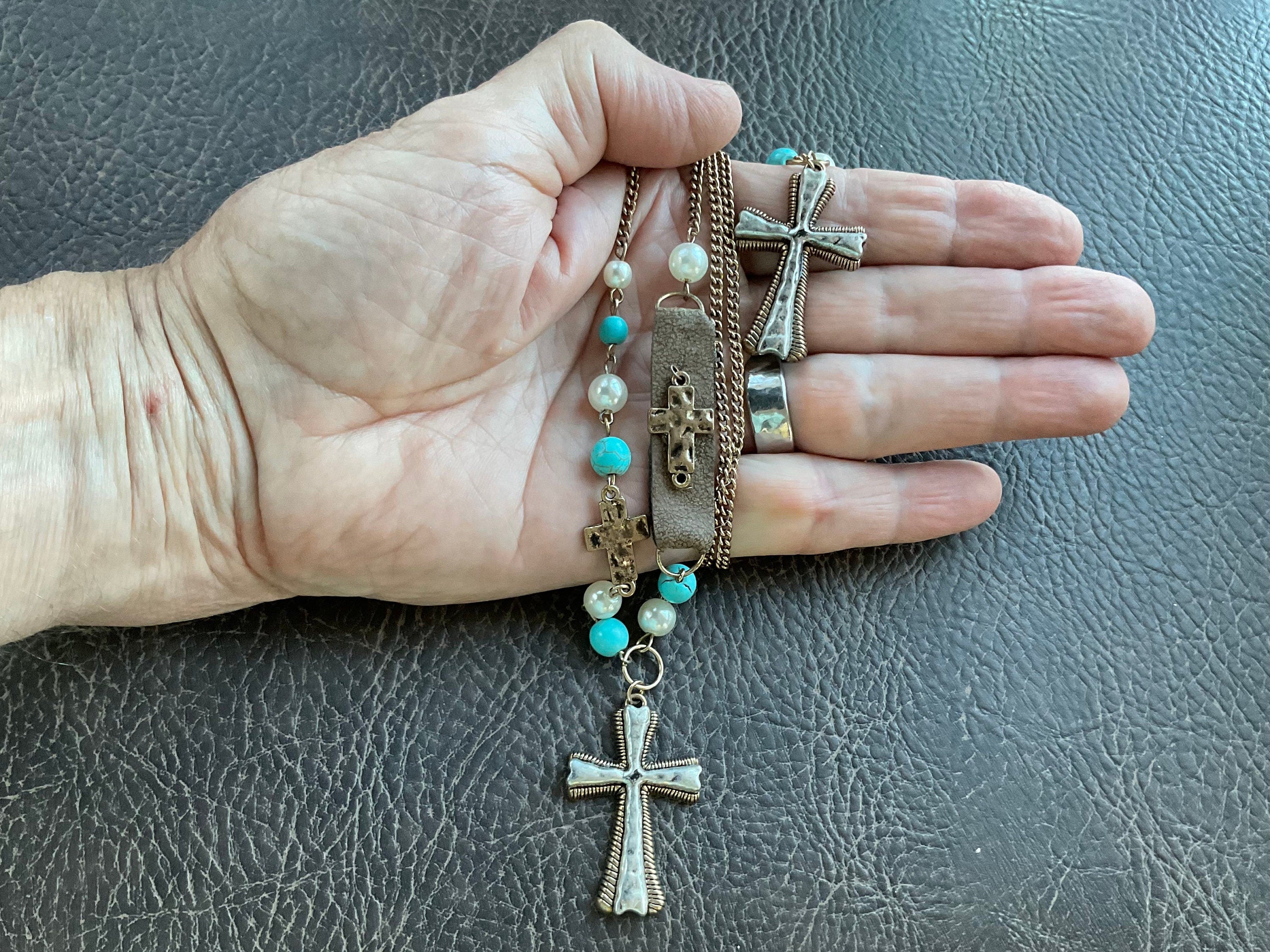 Handmade White and Blue Boho Cross Hammered Finish Multi Color Bohemian Bead Necklace