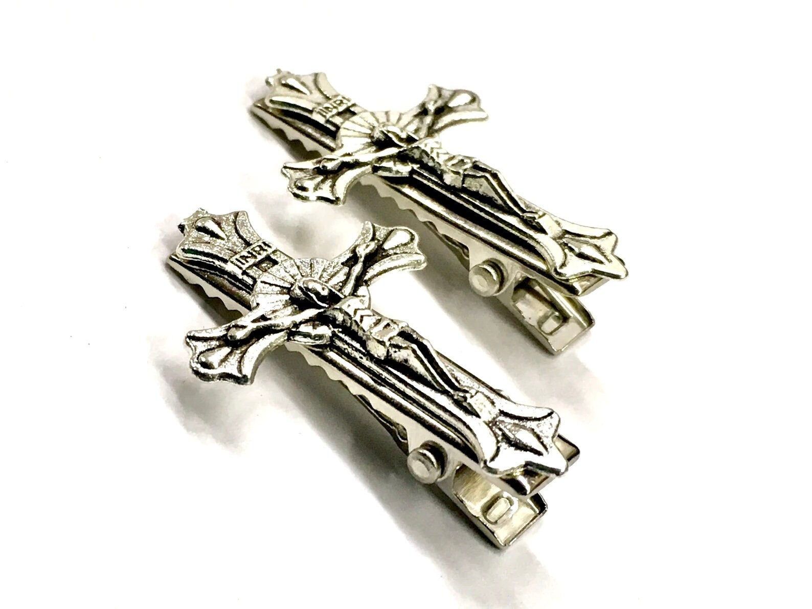 Vintage Style Silver Antiqued Crucifix Cross Hair Clips
