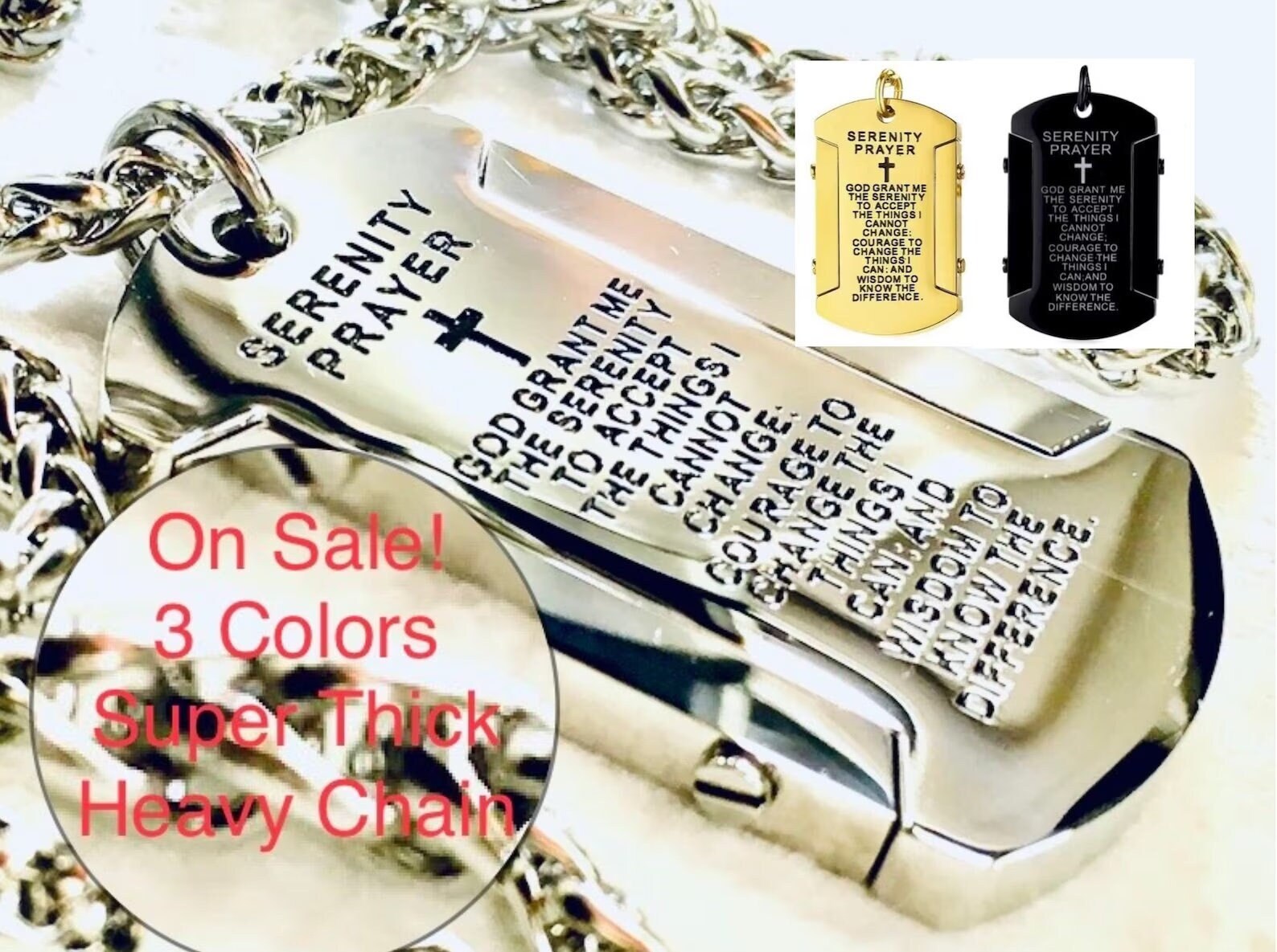 Serenity Prayer Thick Dog Tag Waterproof Necklace in Silver, Black, or Gold