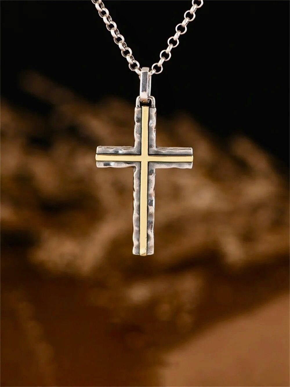 Hammered Two Tone Solid Sterling Silver Cross Necklace With Brass Inlay