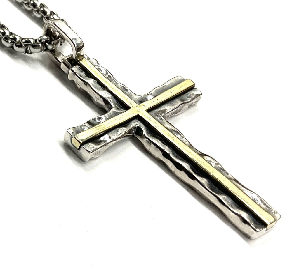 Hammered Two Tone Solid Sterling Silver Cross Necklace With Brass Inlay