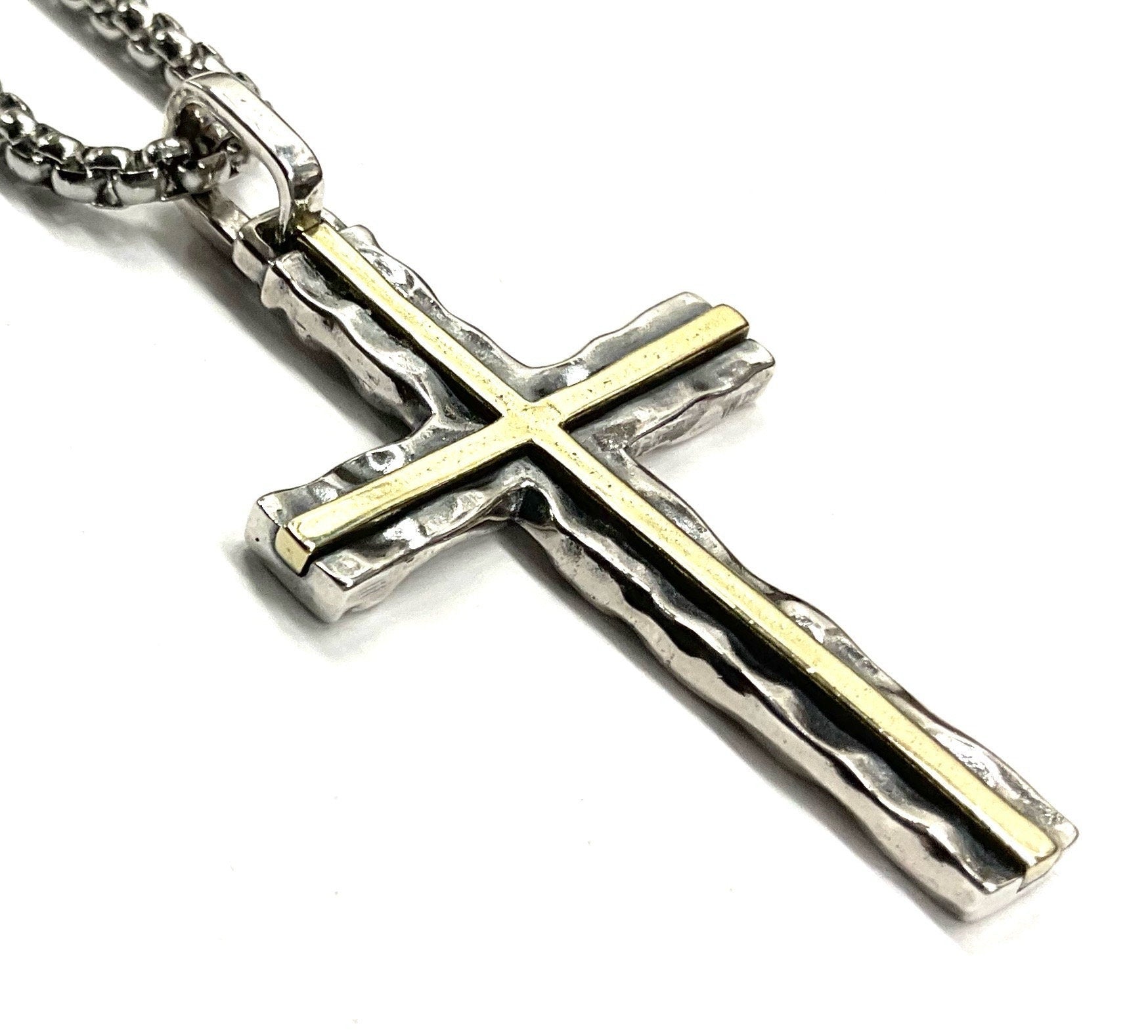 Hammered Two Tone Solid Sterling Silver Cross Necklace With Brass Inlay