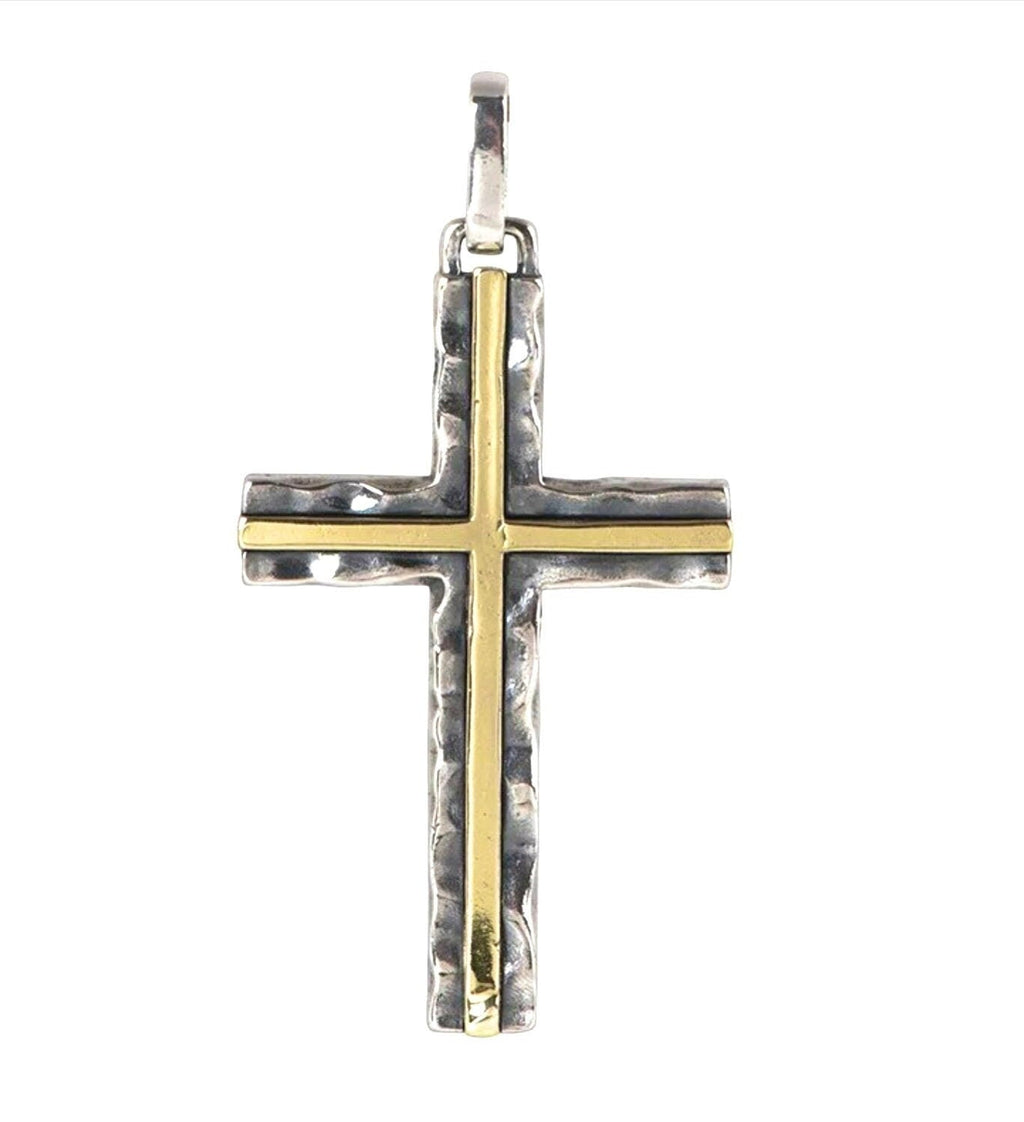 Hammered Two Tone Solid Sterling Silver Cross Necklace With Brass Inlay