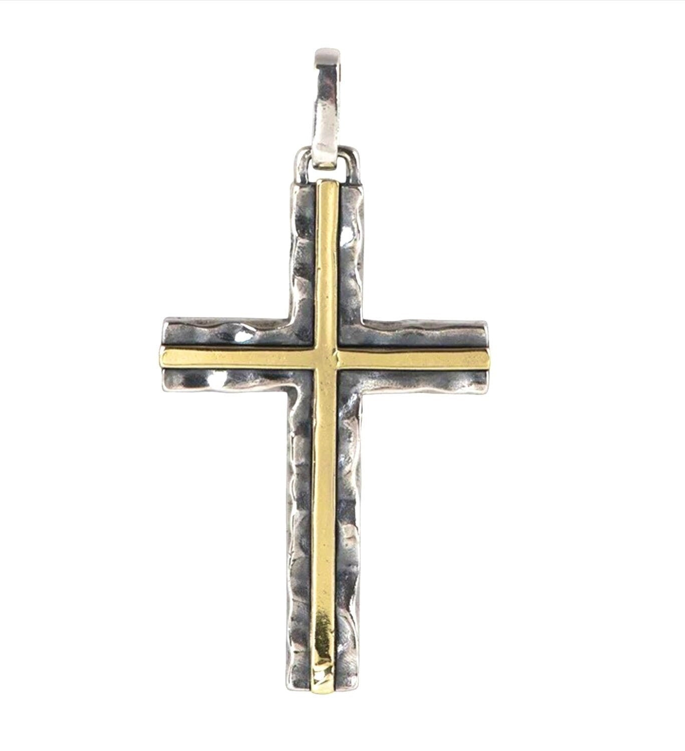 Hammered Two Tone Solid Sterling Silver Cross Necklace With Brass Inlay