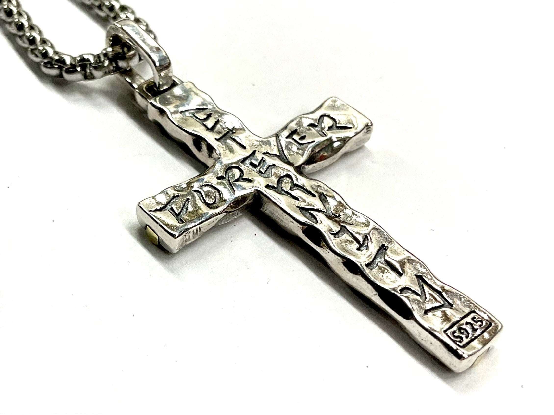 Hammered Two Tone Solid Sterling Silver Cross Necklace With Brass Inlay