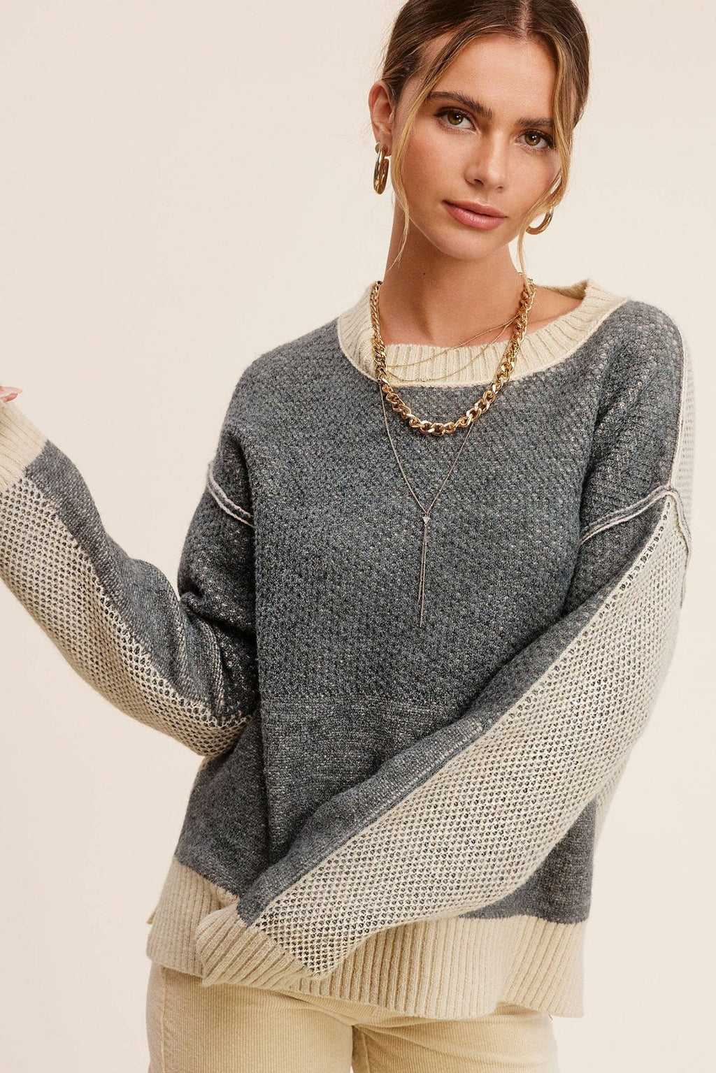 Loose Fit Color Block Textured Round Neck Sweater - Baked Ginger Medium available