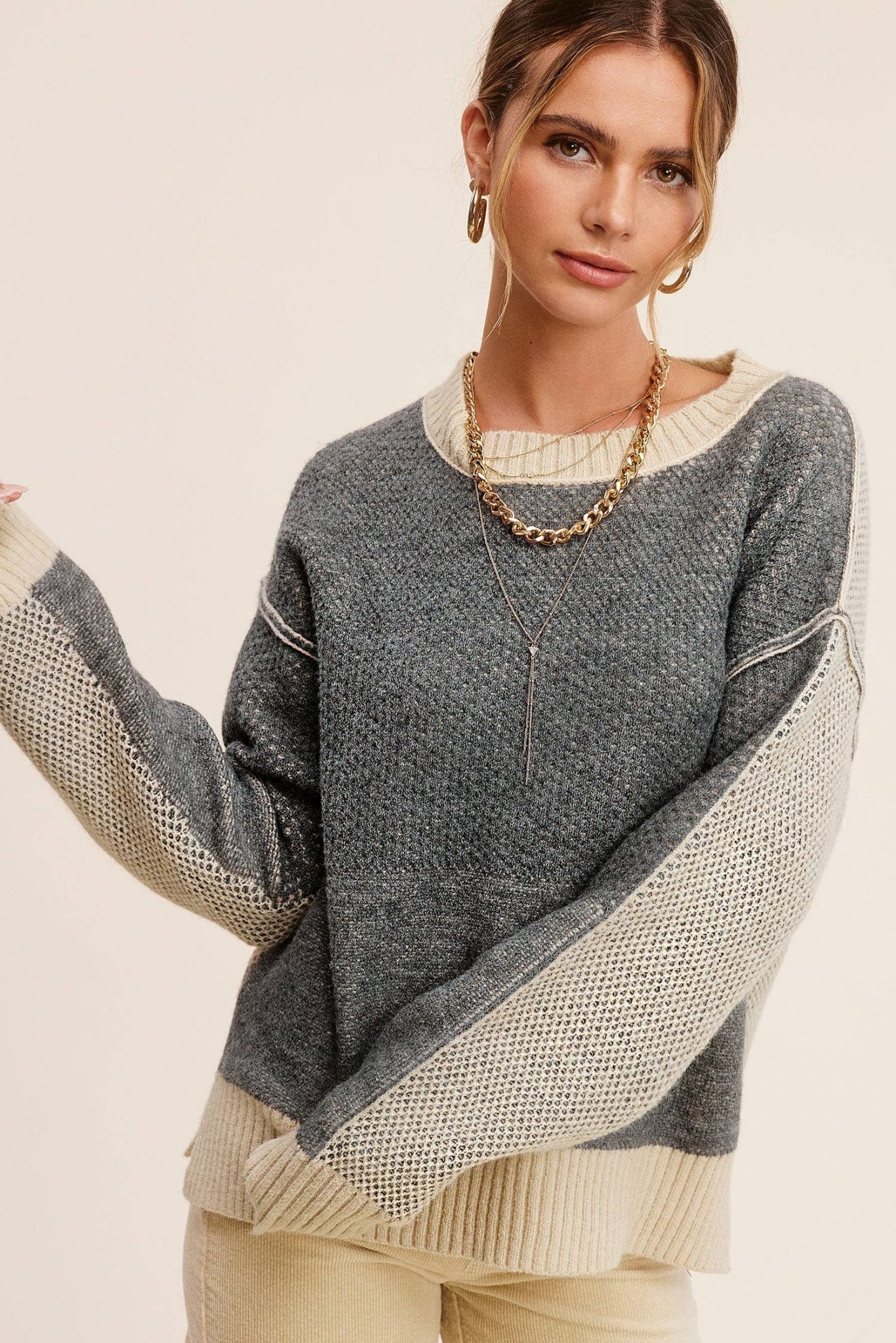 Loose Fit Color Block Textured Round Neck Sweater - Baked Ginger Medium available