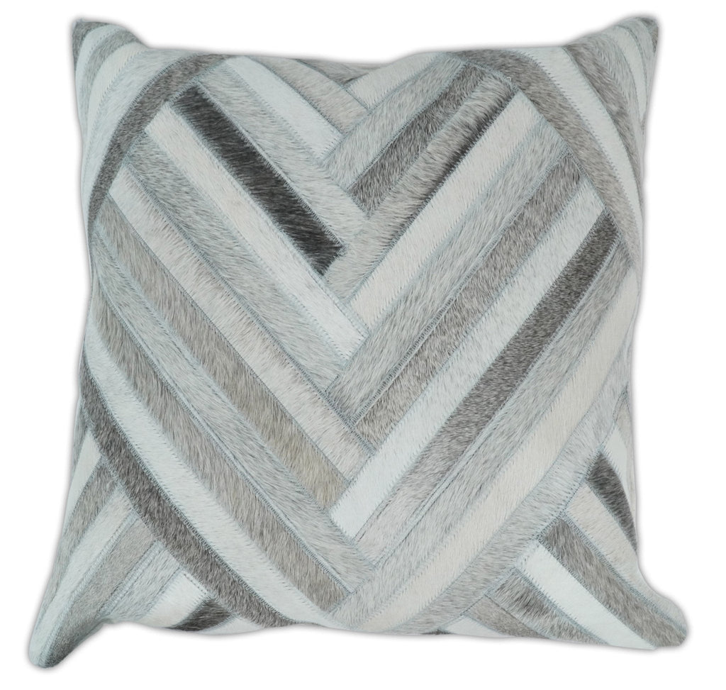 Modern Geometric Silver and Ivory Striped GENUINE LEATHER Pillow