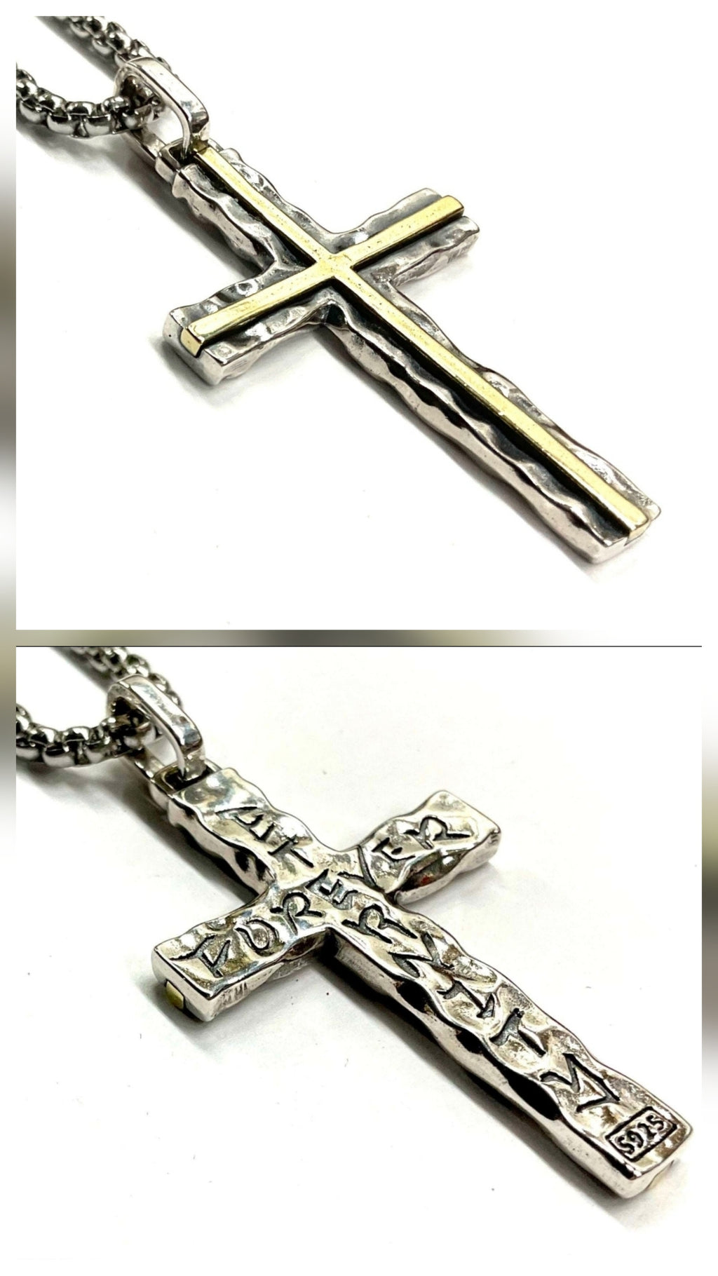 Hammered Two Tone Solid Sterling Silver Cross Necklace With Brass Inlay