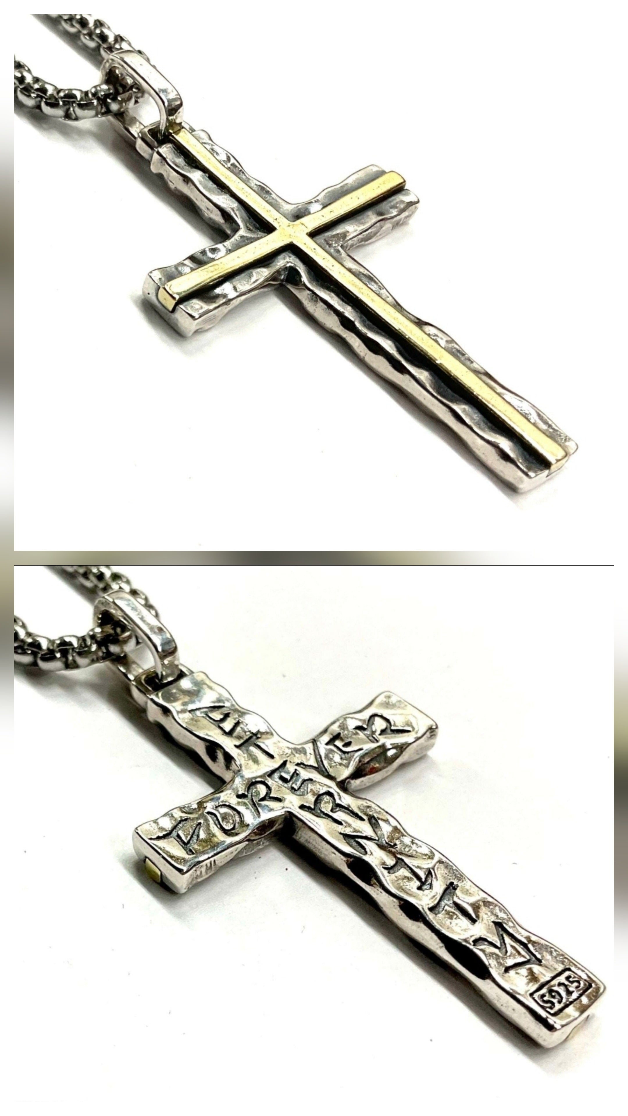 Hammered Two Tone Solid Sterling Silver Cross Necklace With Brass Inlay