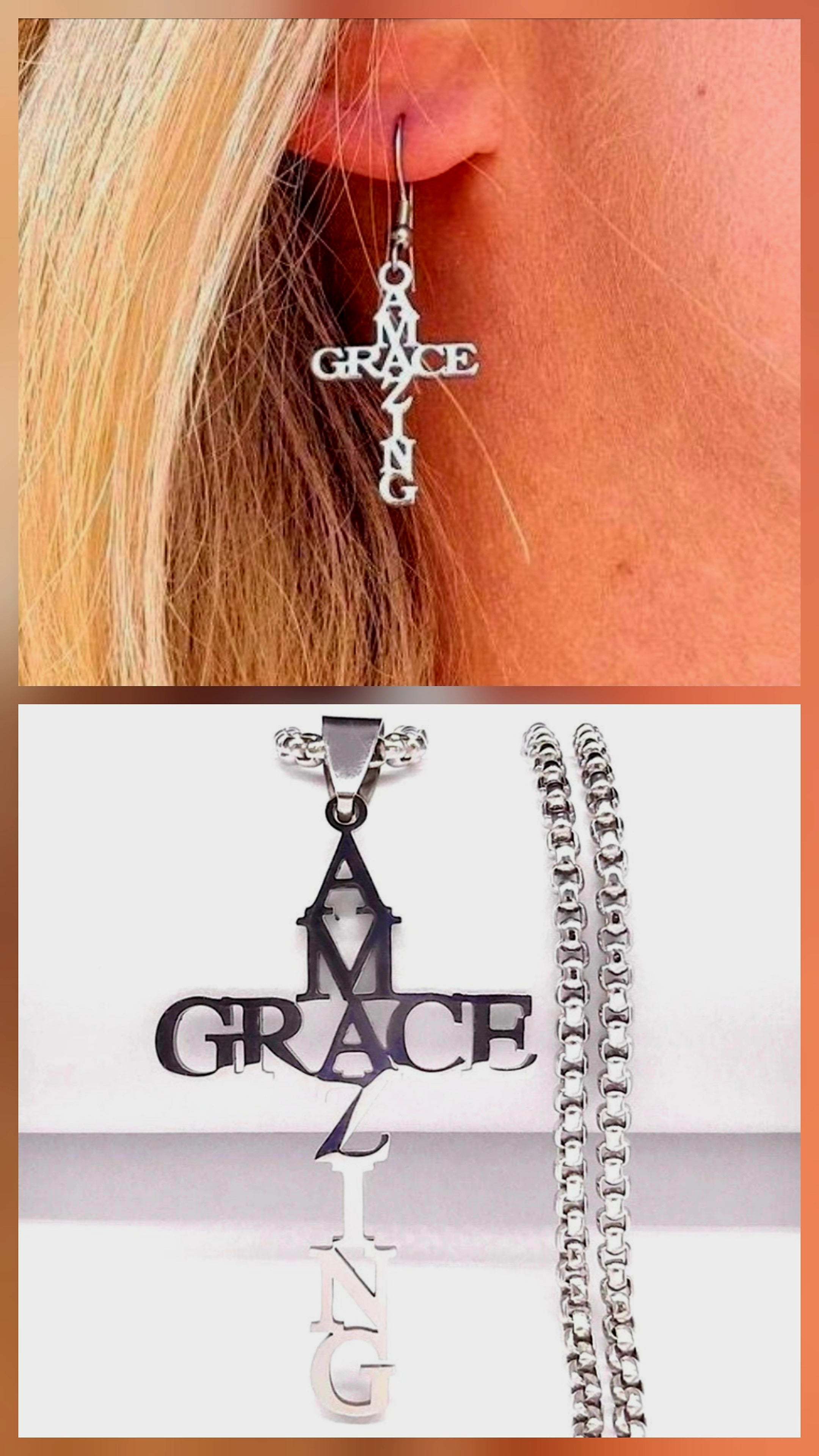 Silver Amazing Grace Cross Necklace & Earrings Set  Waterproof Hypoallergenic Stainless Steel