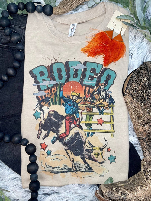 1/2 Penny "Vintage Rodeo Bull Rider" Western Graphic Tee — Sand Cotton-Blend Unisex Western Statement