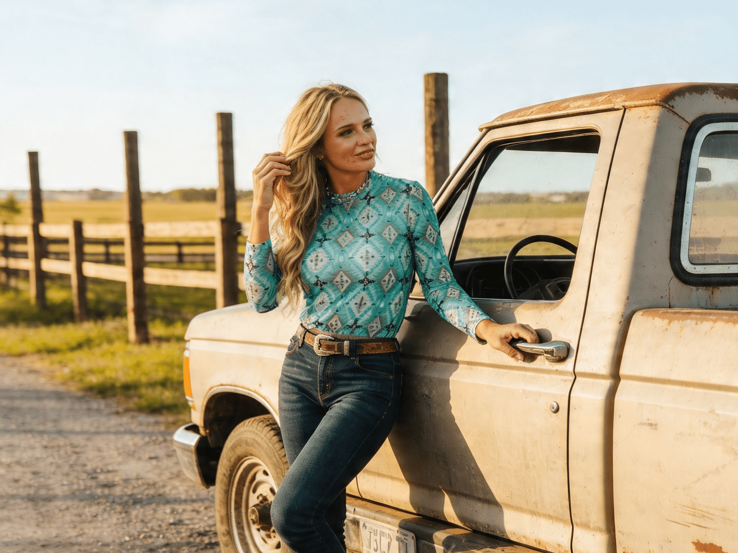 Turquoise Aztec Print Long Sleeve Mesh Top