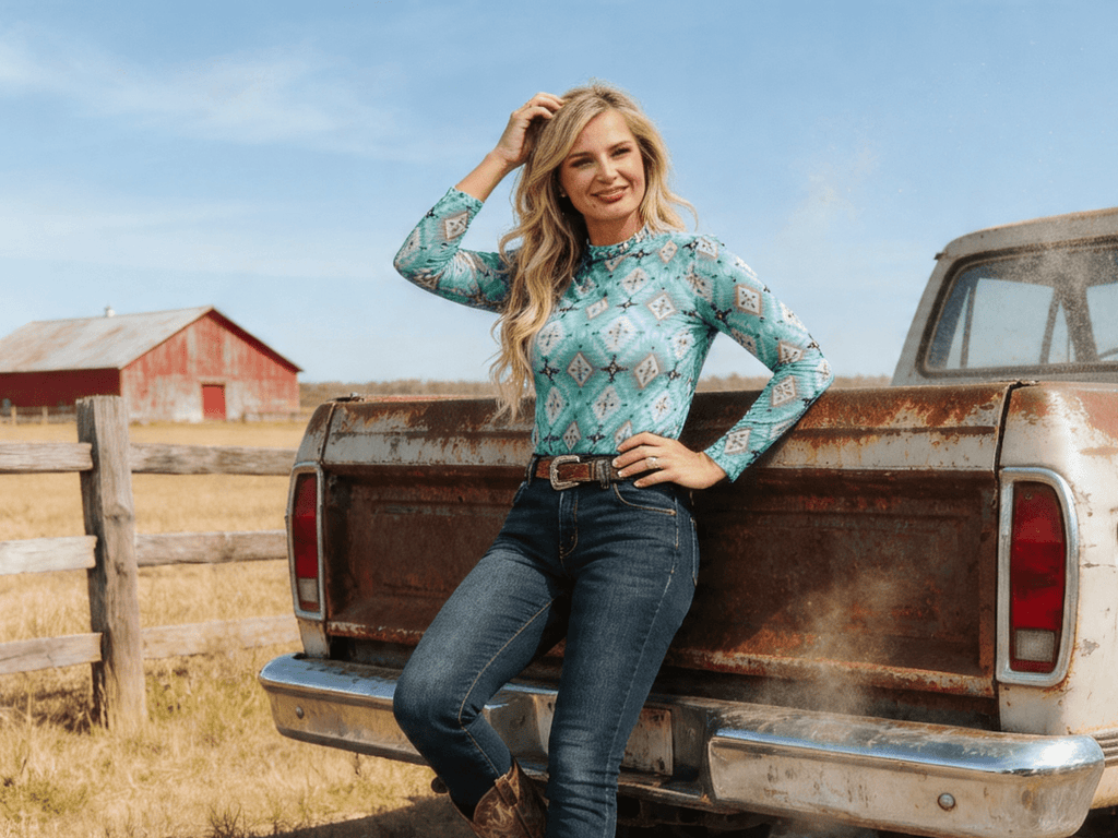 Turquoise Aztec Print Long Sleeve Mesh Top