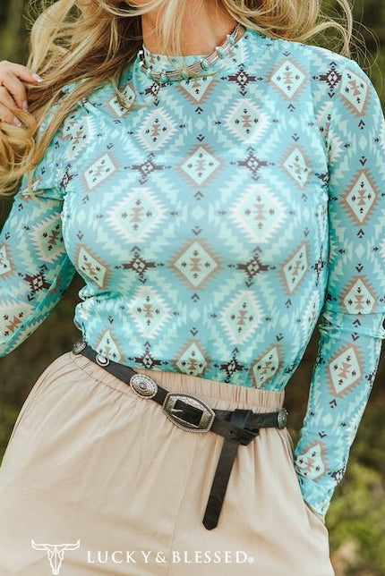Turquoise Aztec Print Long Sleeve Mesh Top