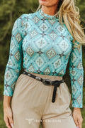 Turquoise Aztec Print Long Sleeve Mesh Top
