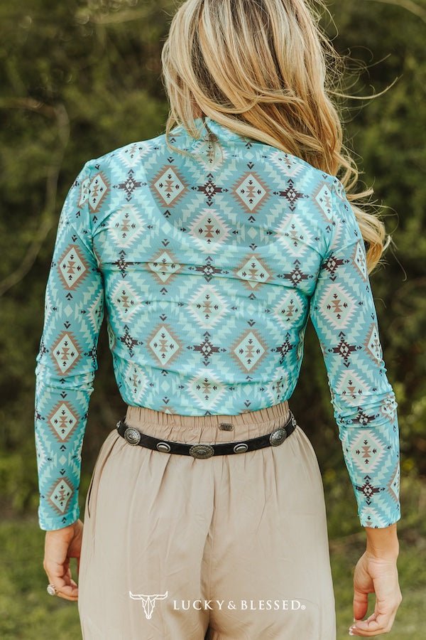 Turquoise Aztec Print Long Sleeve Mesh Top