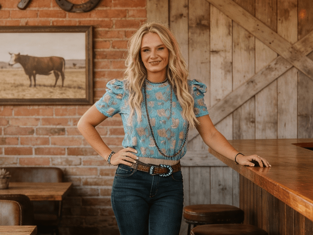 Turquoise Boots Print Puff Sleeve Top