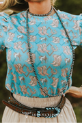 Turquoise Boots Print Puff Sleeve Top