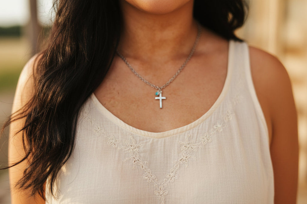 Sterling Silver Turquoise Cross Pendant Chain Necklace