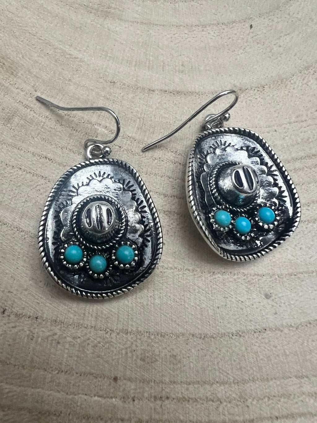 Western Cowboy Hat Dangle Earrings with Faux Turquoise Accents