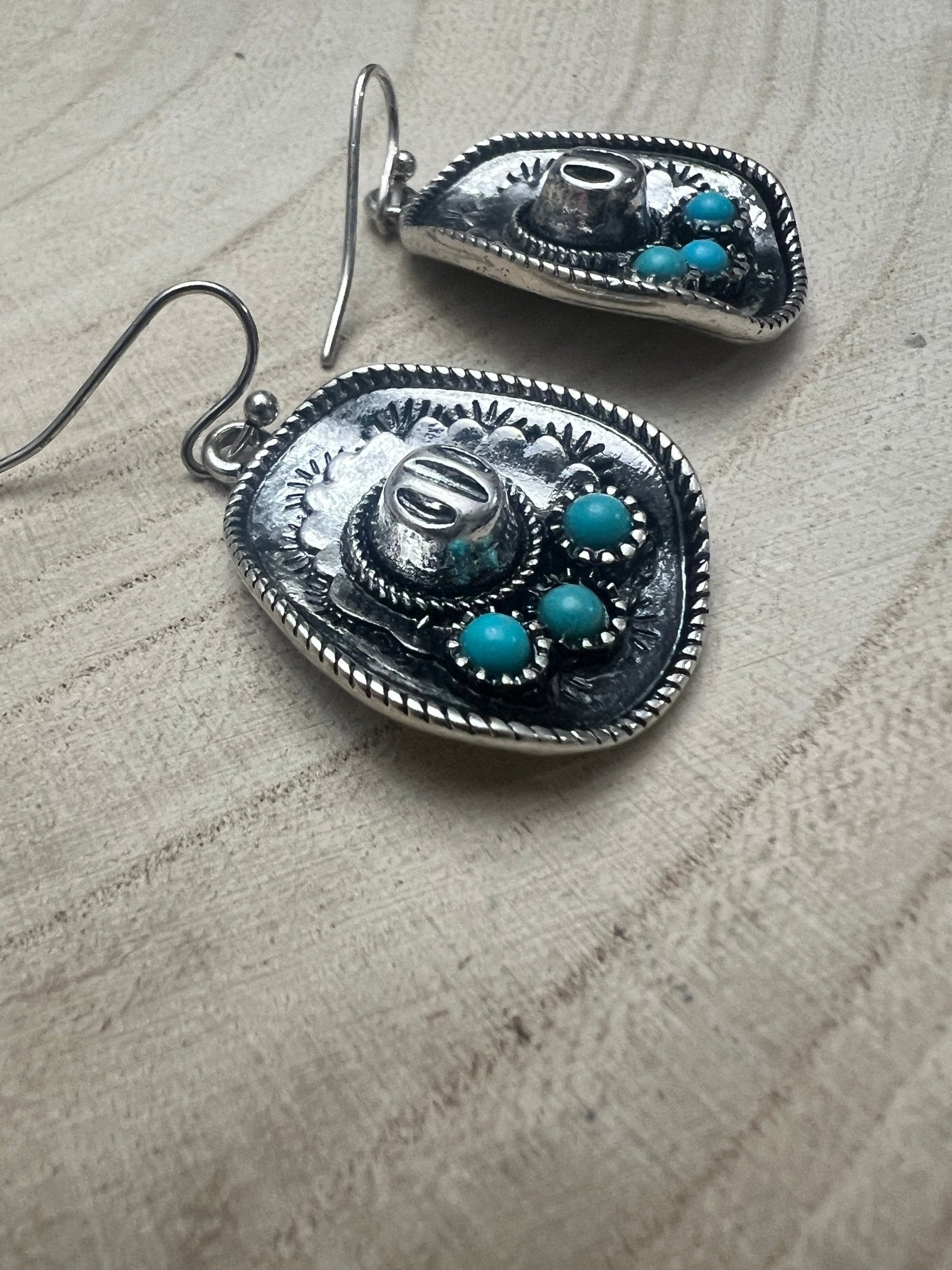 Western Cowboy Hat Dangle Earrings with Faux Turquoise Accents