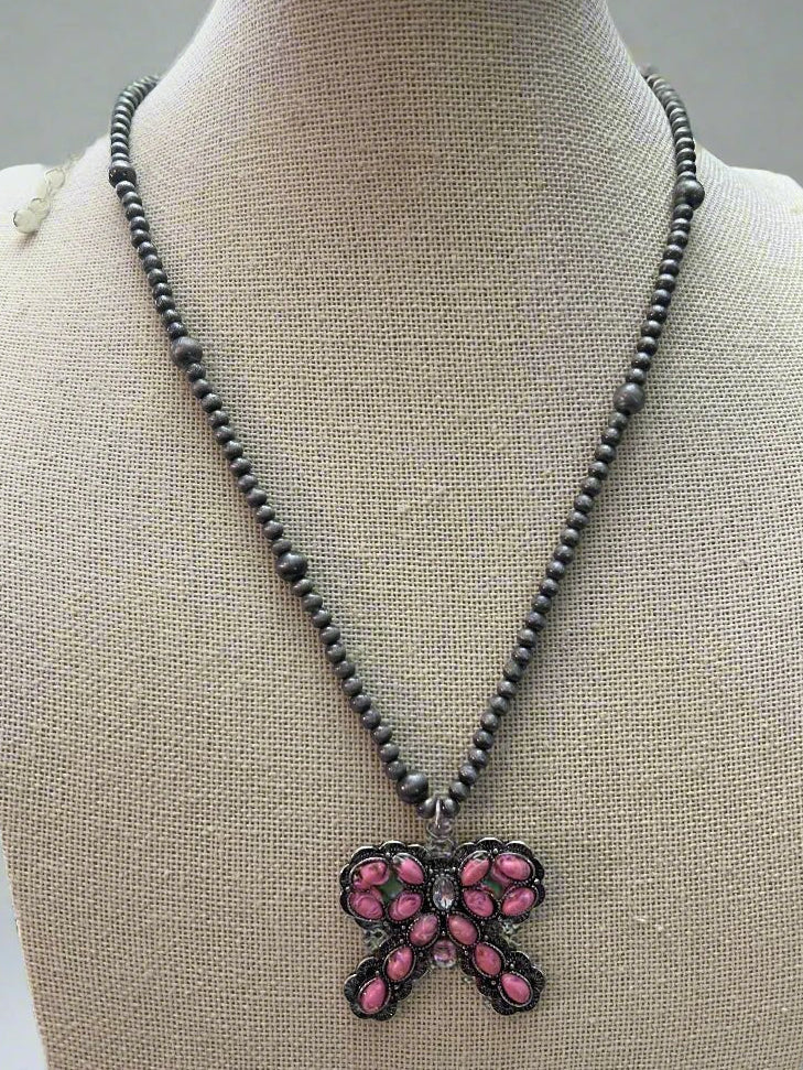 Western Pink Bow and Faux Pearls Necklace - 18 inch +3