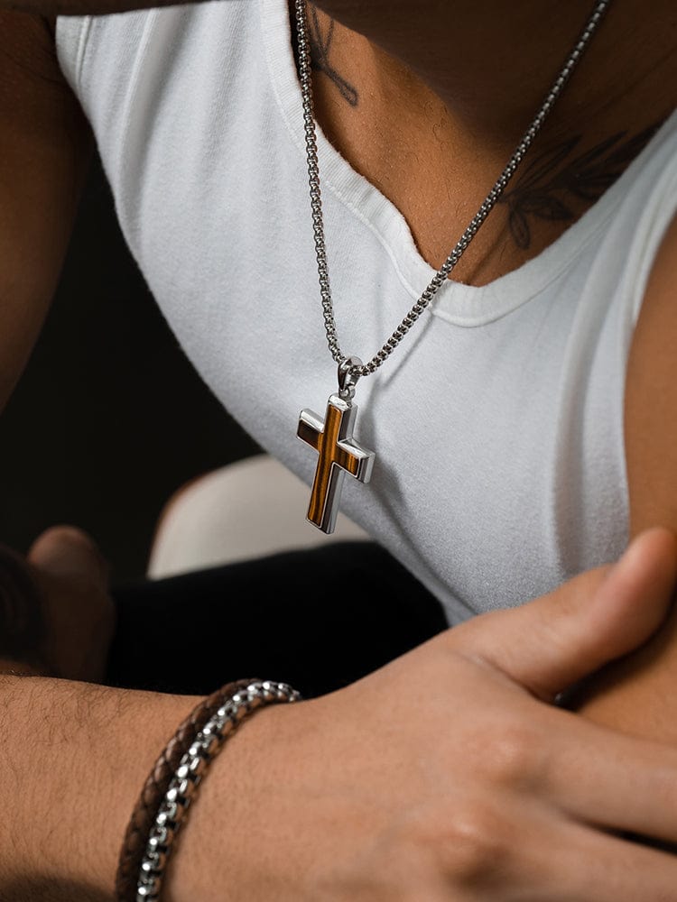 Men's Tiger Eye Cross Pendant Necklace